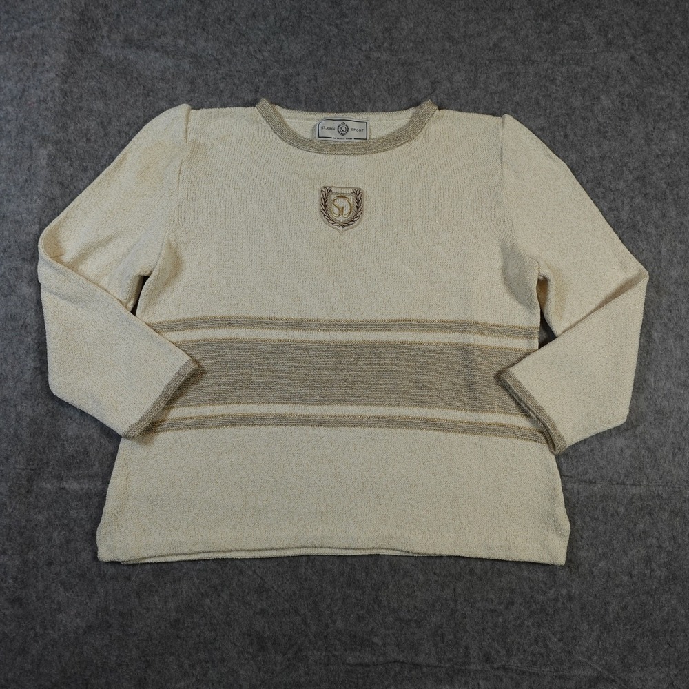 St. John Sweater Womens Medium Sport Santana Knit‎ Ivory Gold Monogrammed Crest